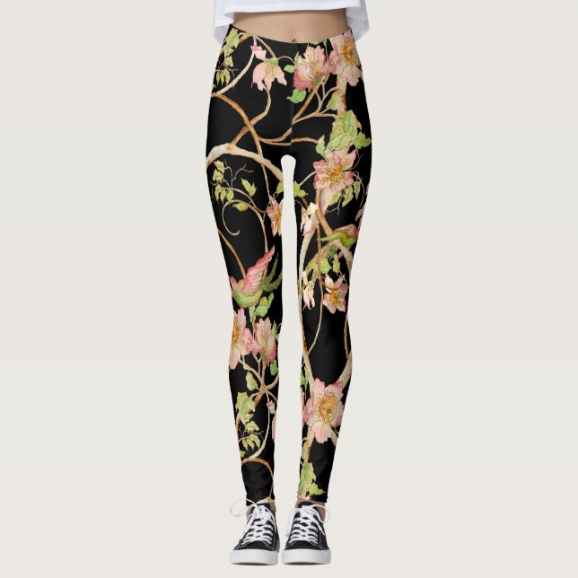 Styliserad modern Chinoiserie Blommigt Birds Lime  Leggings (Framsida)