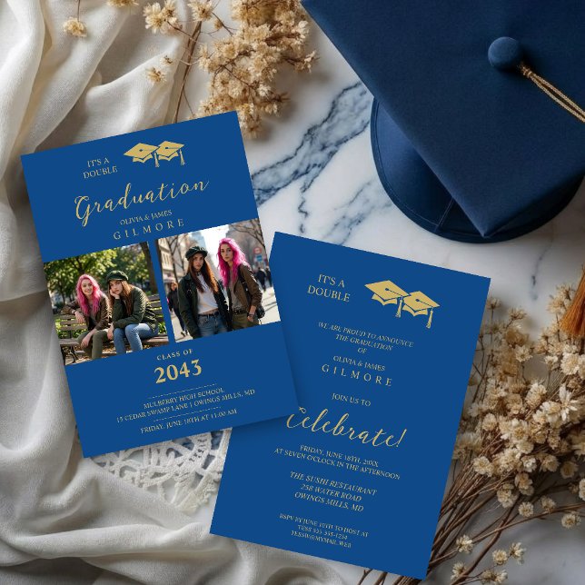 Stylish 2-Photo Twins Siblings Grad Blue TMF26 Inbjudningar (Chic 2-Photo Double Twins Graduation Fake Golden and Blue Whimsical Modern.)
