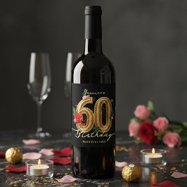 Stylish 60th Birthday Black Gold Red Pink Roses Vinflaska Etikett