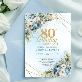 Stylish 80th Birthday Invitation Dusty Blue Gold  Inbjudningar