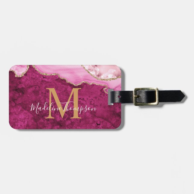 Stylish Agate Geode Pink Magenta Monogram Bagagebricka (Horisontell Framsida)