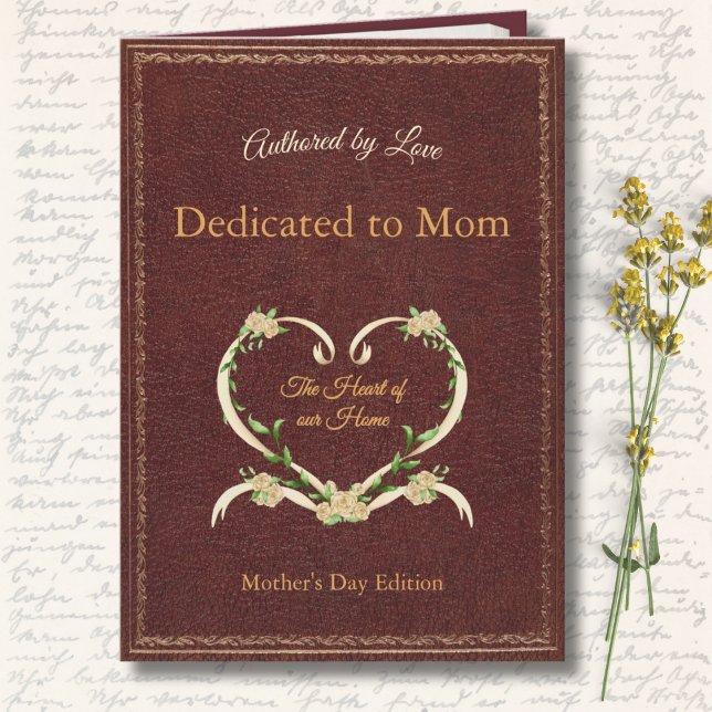 Stylish and Unique Mother's Day Storybook Photo Kort (Heirloom Brown Printed Leather Storybook Mother's Day Card. Vintage Cover with Heart Wreath.)