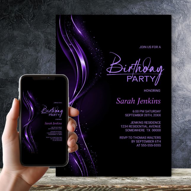 Stylish Black and Purple Birthday Party Inbjudningar (Skapare uppladdad)