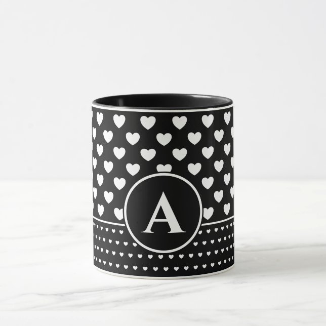 Stylish Black And White Hearts - Custom Monogram Mugg (Center)