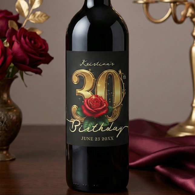Stylish Black Gold Red Rose Floral 30th Birthday Vinflaska Etikett (Skapare uppladdad)