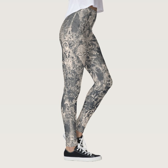 Stylish Black Paris Toile Design Leggings (Höger)