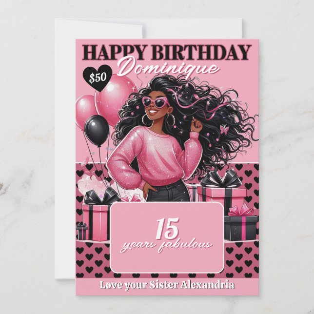 Stylish Black Teen Girl Birthday Gift Card Holder Inbjudningar (Framsida)