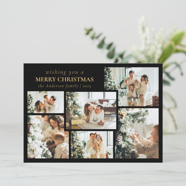 Stylish Black Typography Photo Collage Christmas Julkort (Stående Fram)