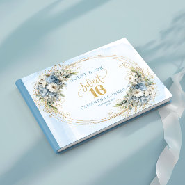 Stylish Blue and Gold Greenery Sweet Sixteen Guest Gästböcker