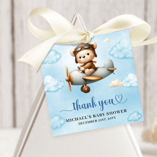 Stylish Blue Brown Teddy Bear Aviator Boy Shower   Gåvor Etiketter