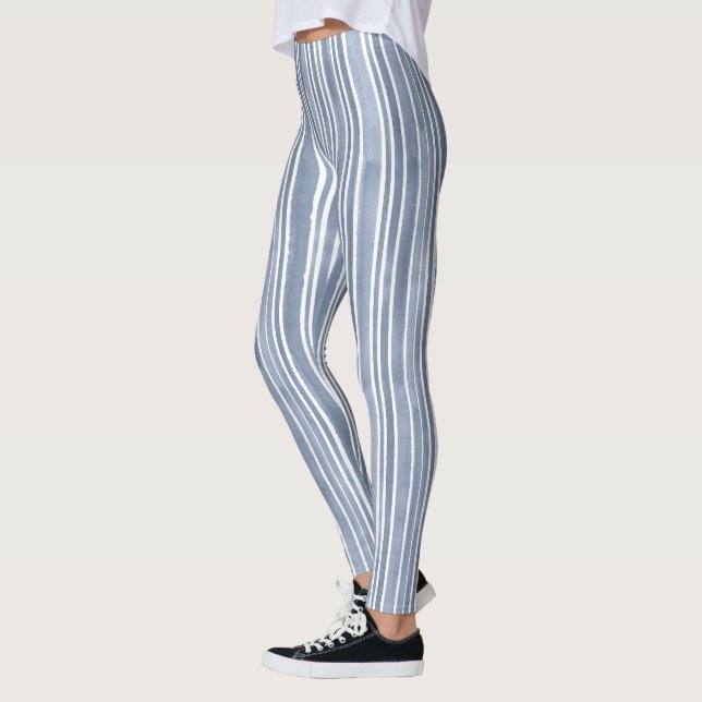Stylish Blue Hand Painted Striped Yoga Exercise Leggings (Vänster)