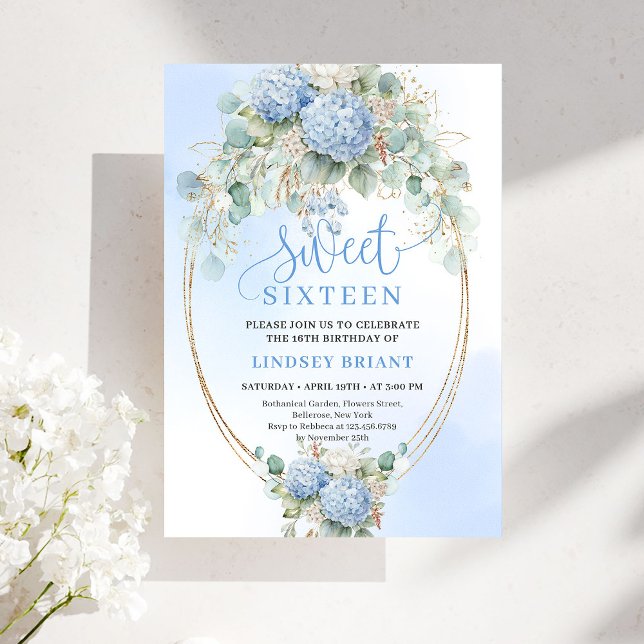 Stylish Blue Hydrangeas Sweet Sixteen Celebration  Inbjudningar (Stylish Blue Hydrangeas Sweet Sixteen Celebration Invite)