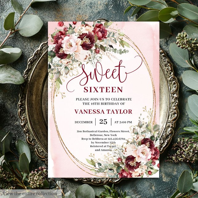 Stylish Blush Burgundy Floral Sweet Sixteen Invite Inbjudningar (Stylish Blush Burgundy Floral Sweet Sixteen Invite

)