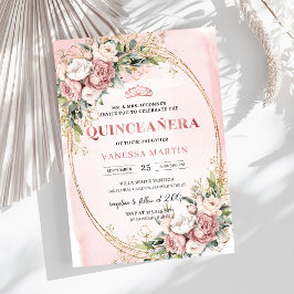 Stylish Blush Pink Floral Greenery Quinceañera  Inbjudningar