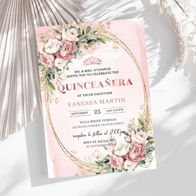 Stylish Blush Pink Floral Greenery Quinceañera  Inbjudningar (Stylish Blush Pink Floral Greenery Quinceañera Invitation

)