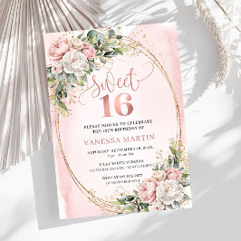 Stylish Blush Pink Floral Greenery Sweet Sixteen  Inbjudningar