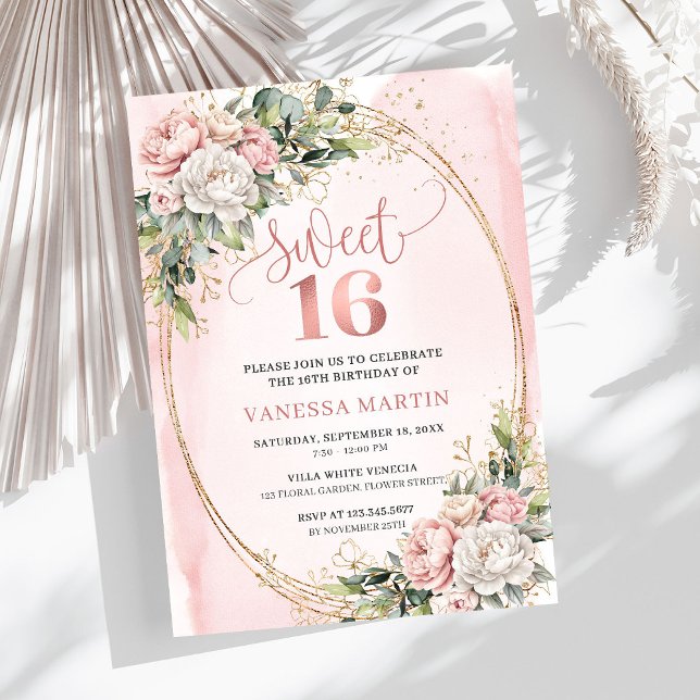 Stylish Blush Pink Floral Greenery Sweet Sixteen  Inbjudningar (Stylish Blush Pink Floral Greenery Sweet Sixteen Invitation

)