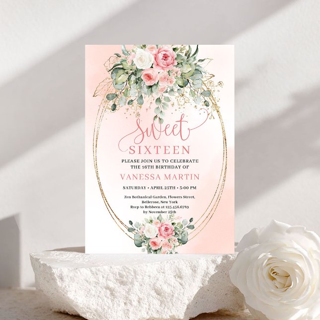 Stylish Blush Roses Gold Script 16th Birthday  Inbjudningar (Stylish Blush Roses Gold Script 16th Birthday Invitation)