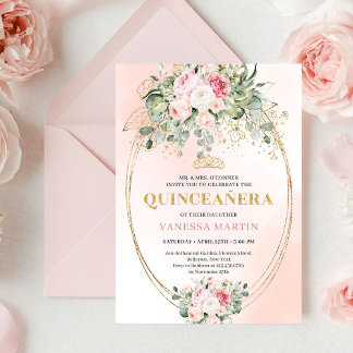 Stylish Blush Roses Greenery Quinceañera Invite Inbjudningar