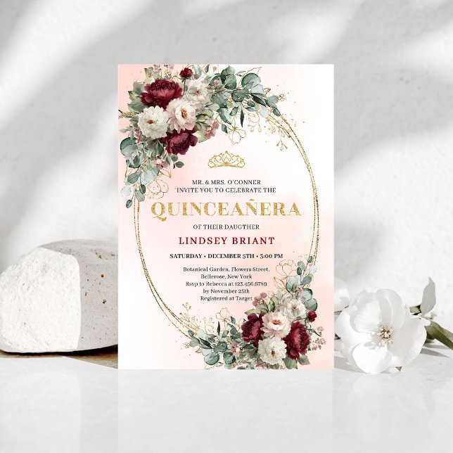 Stylish Bohemian Maroon Flowers Gold 15th Birthday Inbjudningar (Stylish Bohemian Maroon Flowers 15th Birthday Invite)