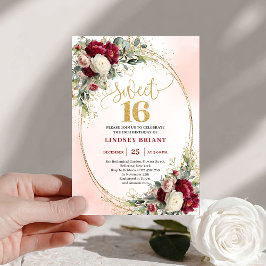 Stylish Boho Burgundy Blush Gold Floral Sweet 16th Inbjudningar