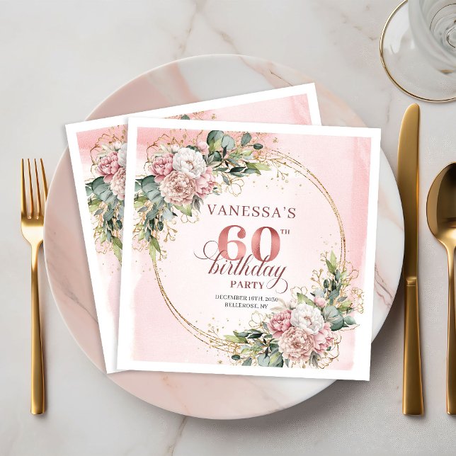 Stylish Boho Dusty Pink Watercolor 60th Birthday  Pappersservett (Stylish Boho Dusty Pink Watercolor 60th Birthday Napkins)