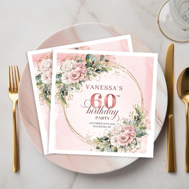Stylish boho light pink floral shimmer 60 birthday pappersservett (Stylish boho light pink floral shimmer 60th birthday napkins

)