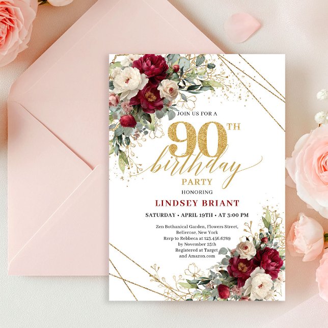 Stylish Boho Merlot White Gold Roses 90th Birthday Inbjudningar (Classic Burgundy White Gold Roses 90th Birthday Card

)