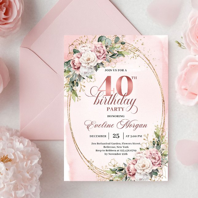 Stylish Boho Rose Gold Flowers 40th Birthday Inbjudningar (Stylish Boho Rose Gold Flowers 40th Birthday Invitation)