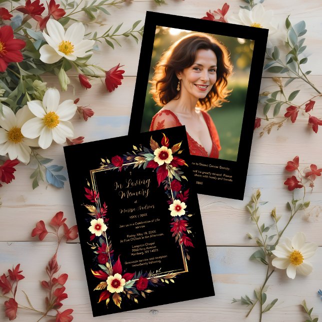Stylish Botanical Red Shades Frame Photo Funeral Inbjudningar (Stylish Botanical Red Shades Frame Photo Funeral Invitation Card. )