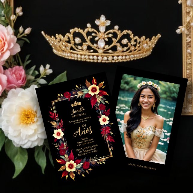  Stylish Botanical Red Shades Frame Photo Spanish  Inbjudningar (Stylish Botanical Red Shades Frame Photo Spanish Photo Quinceañera Invitations)