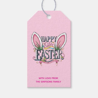 Stylish bunny ears pink Happy Easter Presentetikett
