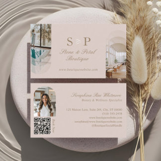 Stylish Chic Elegant Arch Photos Monogram QR Code Visitkort