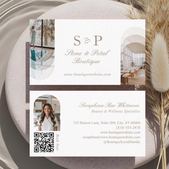 Stylish Chic Elegant Arch Photos Monogram QR Code Visitkort (Stylish Chic Elegant Arch Photos Monogram QR Code Business Card)