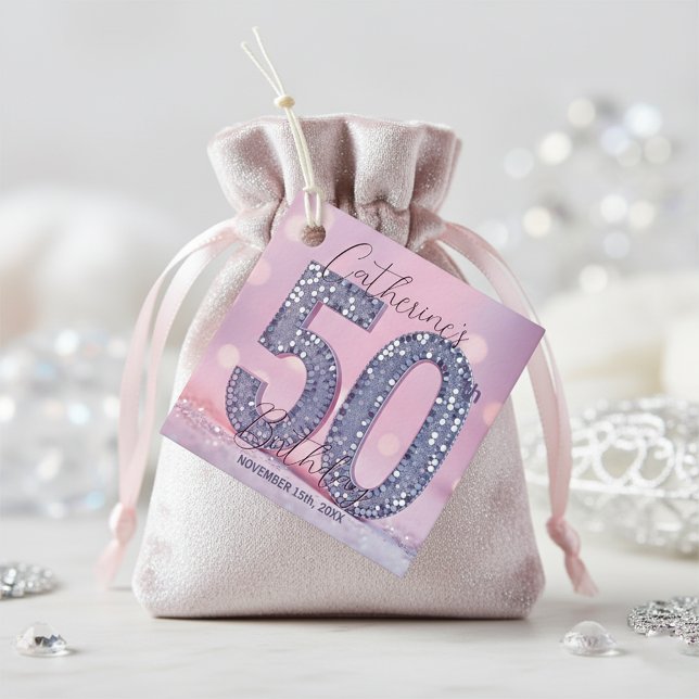 Stylish Chic Pink and Silver Sequin 50th Birthday Gåvor Etiketter (Skapare uppladdad)