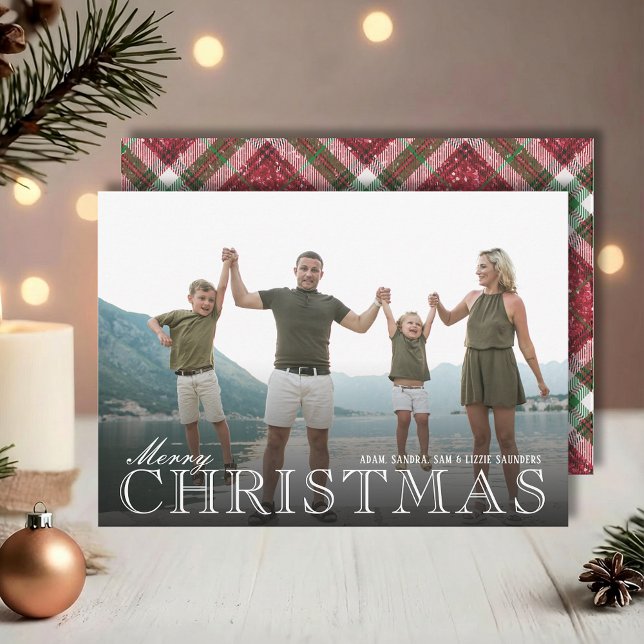 Stylish Christmas Plaid Photo Julkort (White Merry Christmas overlay photo cards with plaid back, PRINTED and/or INSTANT DOWNLOAD)