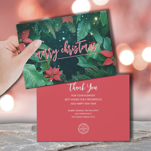 Stylish Christmas Poinsettias Business Logo Julkort (Merry Christmas poinsettias business logo greeting cards, PRINTED and/or INSTANT DOWNLOAD)