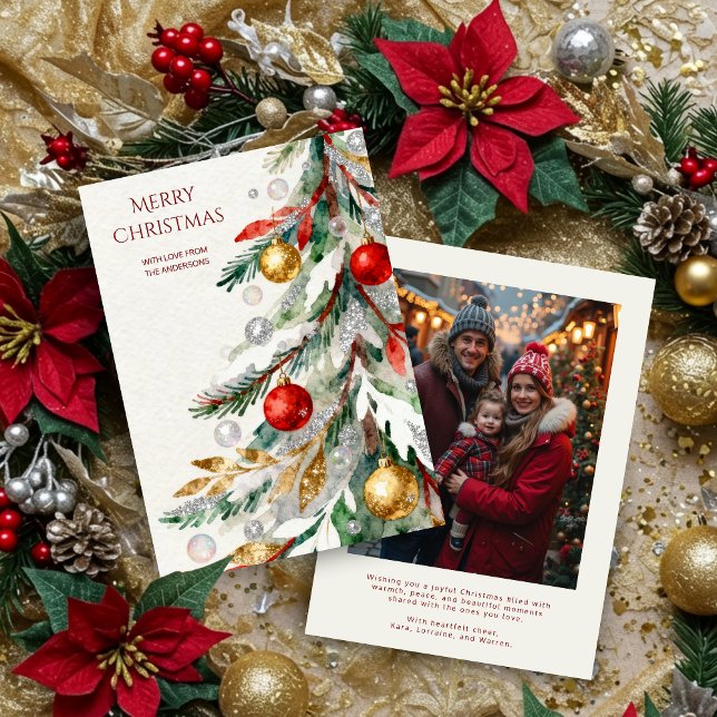 Stylish Colorful Splendid Glitter Christmas Tree Julkort (Stylish Colorful Vibrant Glitter Christmas Tree Holidays Cards with Back Family Photo.)