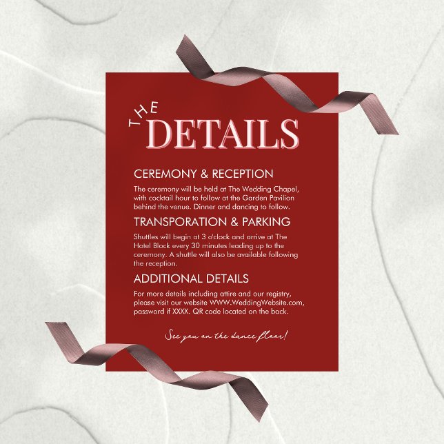 Stylish Contemporary Pink and Red Details QR Tilläggskort (Invite guests to your big day in style with this Stylish Contemporary Pink and Red Details Card!)