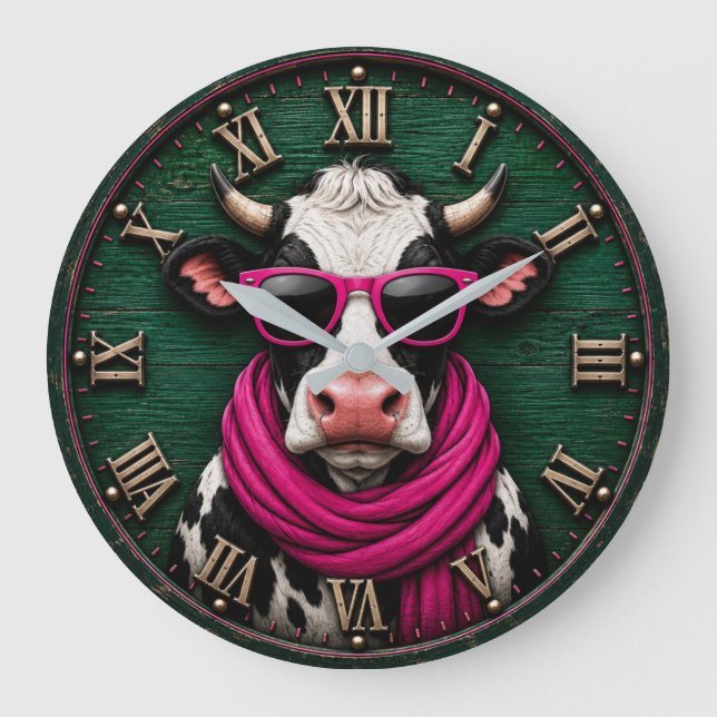 Stylish Cow Funny Farmhouse Cow Decor Stor Klocka (Framsida)