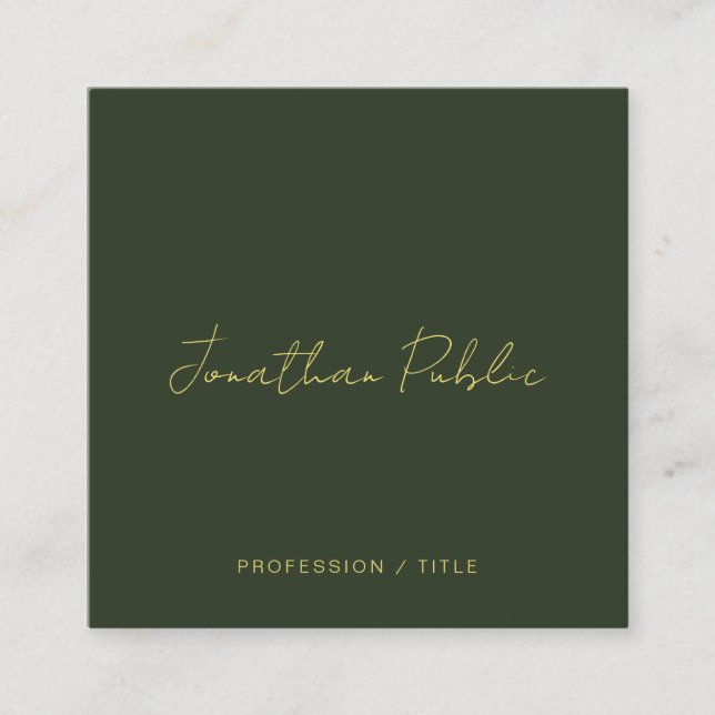 Stylish Dark Green Calligraphy Gold Text Trendy Fyrkantigt Visitkort (Framsida)