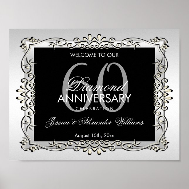 Stylish Decorative Silver 60th Wedding Anniversary Poster (Framsidan)