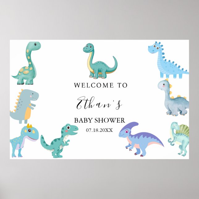 Stylish Dinosaur Baby Shower White Poster (Framsidan)