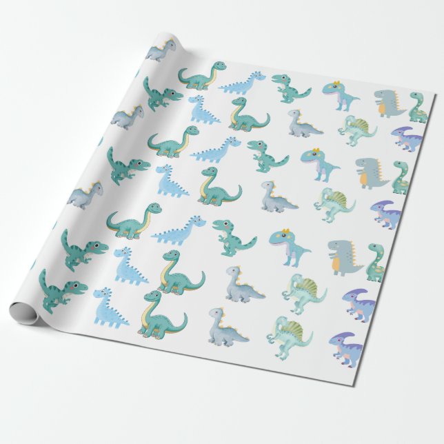 Stylish Dinosaur Baby Shower White Presentpapper (Utrullad)