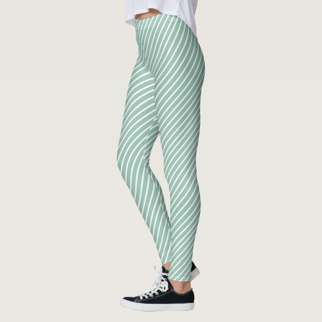 Stylish Duck Egg Blue Diagonal Striped Exercise Leggings (Vänster)