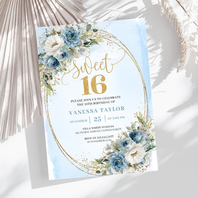 Stylish Dusty Blue Floral Gold Sweet 16th Invite Inbjudningar (Stylish Dusty Blue Floral Gold Sweet 16th Invite)