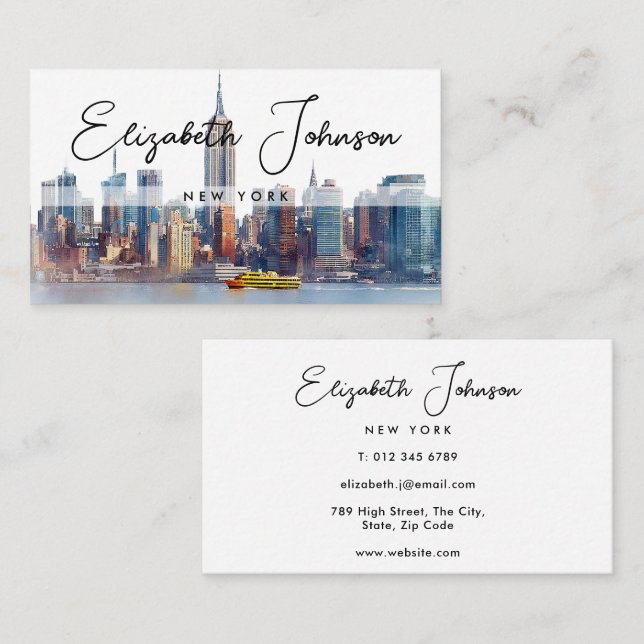 Stylish Elegant Script New York Skyline Visitkort (Fram/baksida)