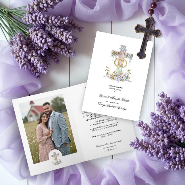 Stylish Floral Cross Wedding Rings Christian Inbjudan (Stylish Elegant Timeless Sacred Floral Cross & Wedding Rings Christian Wedding Cards with Photo.)