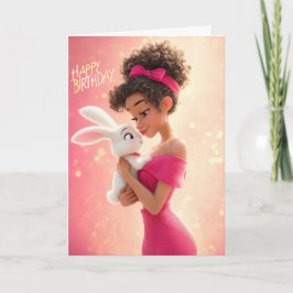 Stylish Girl in Hot Pink w/ White Bunny Birthday Kort