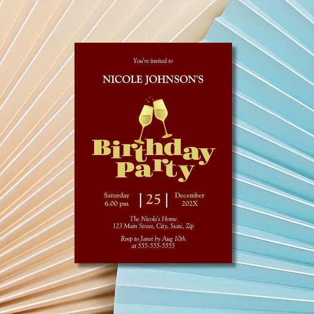Stylish Gold Champagne Burgundy Birthday Party Inbjudningar (Skapare uppladdad)
